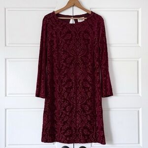 ECI Floral Velvet Burnout Dress Womens Small Red Maroon Bell Sleeves Vamp Whimsy